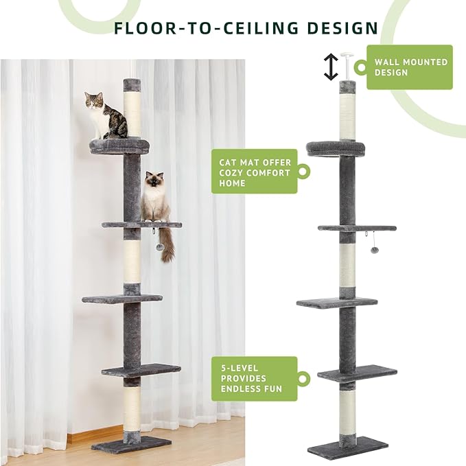 PETEPELA Floor to Ceiling Cat Tree, Cat Tower 5-Tier Height(95-107 Inches) Adjustable, Tall Cat Climbing Tree Featuring with Scratching Post, Cozy Bed,Interactive Ball Toy for Indoor Cats/Kitten Grey