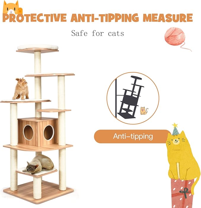 PETSITE Tall Cat Tree for Indoor Cats, 69 Inches Multi-Level Modern Cat Tower with Plush Perch, Cozy Condo, Platforms, Sisal Scratching Posts, EVA Massage Comb & Removable Cushions (Natural)