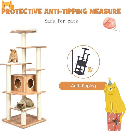 PETSITE Tall Cat Tree for Indoor Cats, 69 Inches Multi-Level Modern Cat Tower with Plush Perch, Cozy Condo, Platforms, Sisal Scratching Posts, EVA Massage Comb & Removable Cushions (Natural)