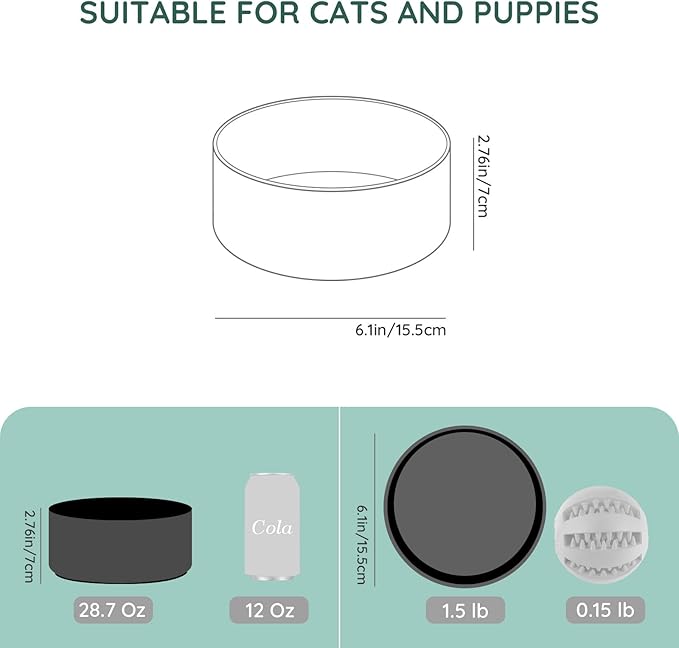 SPUNKYJUNKY 28.7OZ Ceramic Dog and Cat Bowl, Modern Cute Weighted Food Water Bowl for Replacement Black (2 Pack)