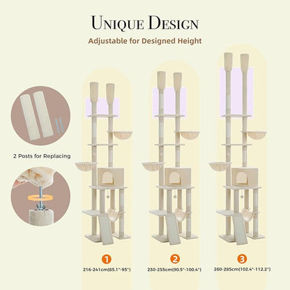 PAWZ Road Tall Cat Tree, Floor to Ceiling Cat Tower with Adjustable Height(85-112 Inches), 7 Tiers Climbing Tower with Cozy Hammocks, 5 Platforms and Scratching Posts for Indoor Cats-Beige