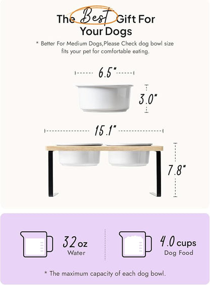 Elevated Dog Bowls, Raised Dog Bowl Stand with Two 6.5 inch Ceramic Bowl, Non-Slip Puppy Food and Water Bowls, Dogs Feeder for Small and Medium Breed, White