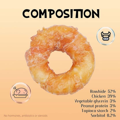 ASMPET Dog Treats Chews, Chicken Wrapped Rawhide Donuts Dental Care Chews for Small Medium Large Breed Aggressive Chewers (Pack of 4)