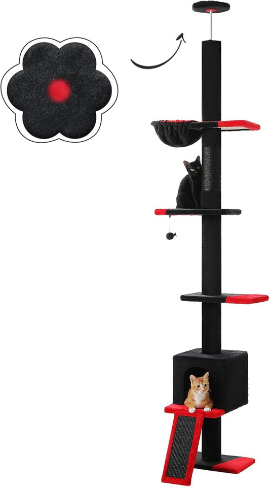 PETEPELA Floor to Ceiling Cat Tree[83"-108"], Cat Tower 5 Levels, Height Adjustable, Cat Scratching Post with Top Perches and Spacious Condo for Large Indoor Cats, Black