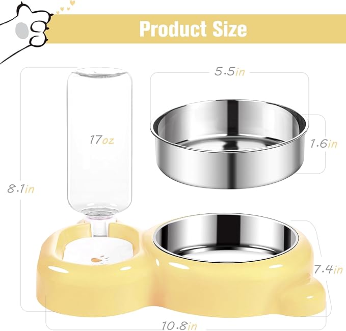 Dog Bowls, Cat Food and Water Bowl Set with Water Dispenser and Stainless Steel Bowl for Cats and Small Dogs - Yellow