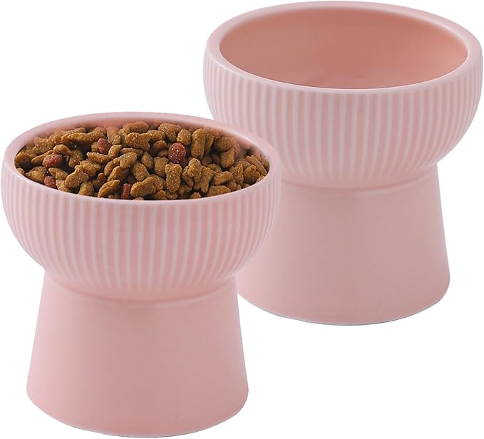 OMAYKEY Ceramic Raised Cat Bowls, Elevated Cat Food and Water Bowls Set, 15 oz Porcelain Stress Free Pet Feeder Bowl Dish for Cats and Small Dogs - Set of 2, Pink