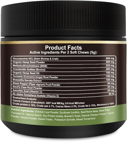 Noble Beast Dog Joint Supplement - Hip and Joint Care for Dogs - All Natural - Soft Chews with Glucosamine, Chondroitin, MSM & Hemp for Dog Joint Relief - Chicken Flavor – 120 Count