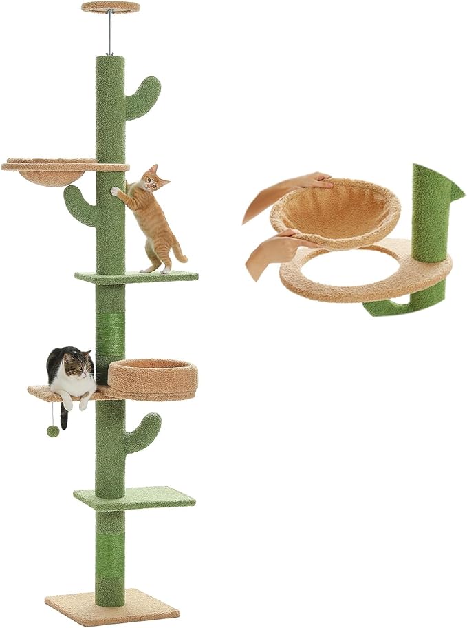 PEQULTI Floor to Ceiling Cat Tree Adjustable Height (87"-100"), 5 Levels Cactus Cat Tower with Perch&Replaceable Hammock, 4.1" Super Robust Cat Scratcher, Green