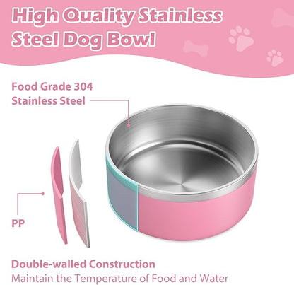 LIANLAI Dog Bowls Large Sized, Rust-Resistant Stainless Steel Dog Bowls, Non Slip Puppy Dishes, Dishwasher Safe (Pink，64 oz)