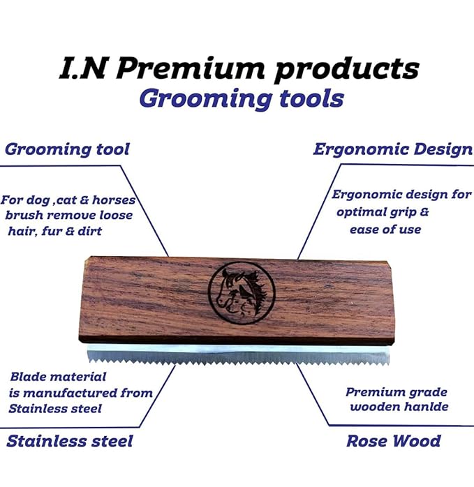 Original Deshedding Grooming Tools for Horse, Cats & Dogs Easy Ergonomic Wooden Handle Professional Brush Grooming Tool, Remove painlessly 95 Percent of Lose Hair Fur & Dirt (5 inch)