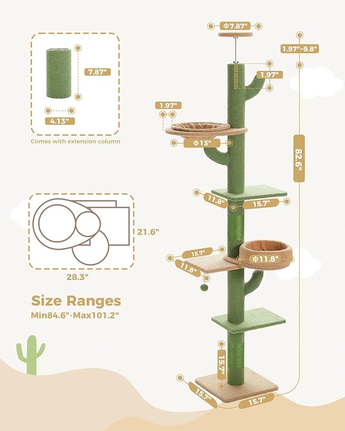 PETEPELA Floor to Ceiling Cat Tree, Cactus Cat Tower, Tall Cat Climbing Tree[87"-100"] Height Adjustable, 5 Levels with Top Perch and Replaceable Hammock for Indoor Cats, Cactus Green