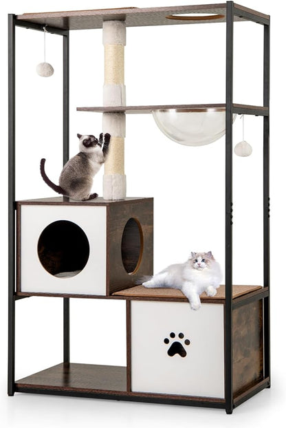 Tangkula Modern Cat Tree, 52 Inch Multi-Level Cat Tower with Metal Frame, 2 Wooden Condos, Sisal Scratching Posts, Detachable Cushion & Mats, Dangling Balls, Space Capsule Nest for Indoor Cats
