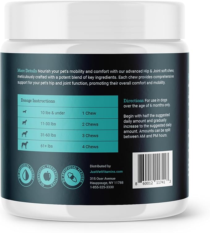 Hip & Joint Chews for Dogs with Glucosamine, Chondroitin, and MSM – Supports Joint Health and Mobility – 90 Soft Chews