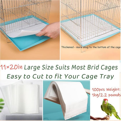 100PCS Bird Cage Liner Papers, Disposable Cage Paper Liners Precut Absorbent Cushion Pad Mat Accessories for Pet Bird Parrot (White)