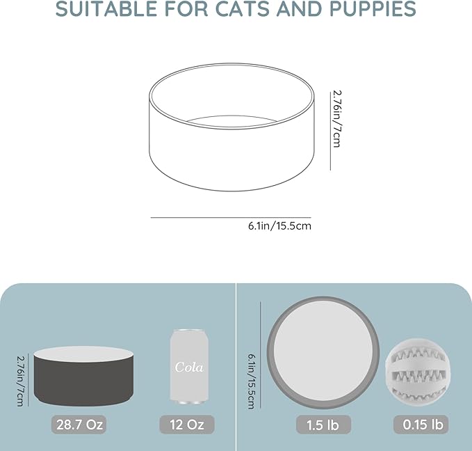 SPUNKYJUNKY 28.7OZ Ceramic Dog and Cat Bowl, Modern Cute Weighted Food Water Bowl for Replacement White-Grey (1 Pack)