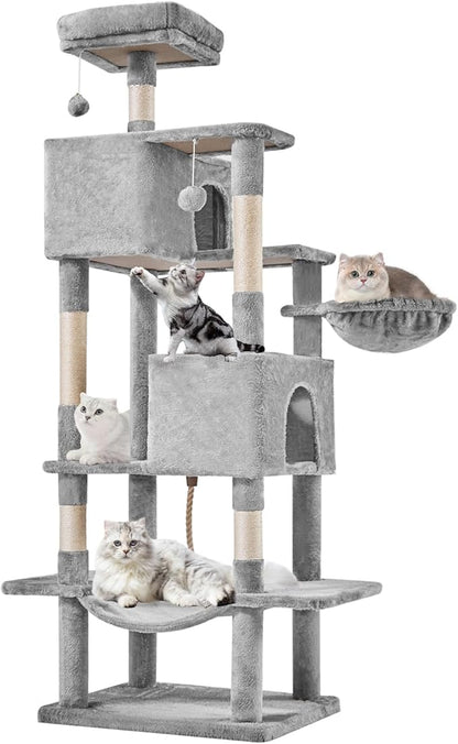 Sweetcrispy 66 inch Cat Tree Tower, Large Multi Level Cat Climbing Tower with Condo, Natural Sisal Scratching Posts, Extended Platform, Hammock, Pet House for Indoor Cats and Kittens Play, Grey