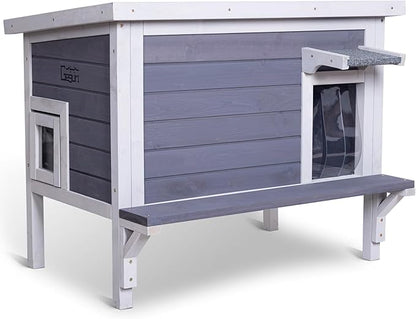 GEGURI Insulated Cat House Outdoor Weatherproof, Feral Cat Shelter for Winter, Large Wooden Enclosure