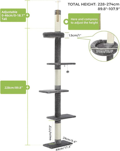 PETEPELA Floor to Ceiling Cat Tree, Cat Tower 5-Tier Height(95-107 Inches) Adjustable, Tall Cat Climbing Tree Featuring with Scratching Post, Cozy Bed,Interactive Ball Toy for Indoor Cats/Kitten Grey