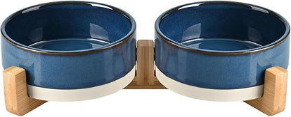 SPUNKYJUNKY Ceramic Dog and Cat Bowl Set with Wooden Stand, Modern Cute Weighted Food Water Bowl Set for Small Size Dogs (1.7 Cups, 2 × Pattern Blue)