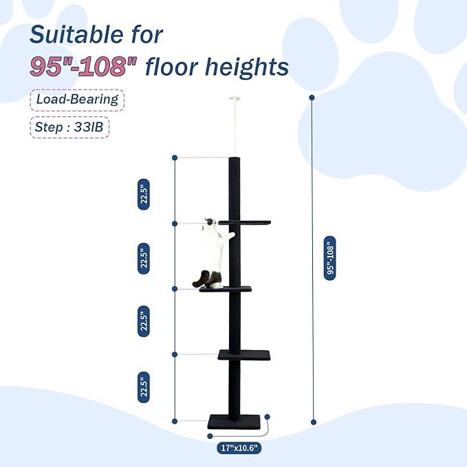 Max & Marlow Cat Tree Floor to Ceiling Cat Tower Height 95-108" Adjustable Kitten Tree Tall Climbing Tree with Carpet Scratching Post and Mat Cat Pole for Indoor Cats,Dark Grey