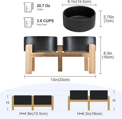 SPUNKYJUNKY Elevated Dog Bowls Ceramic, 6.1'' Dogs and Cat Food Water Bowls Raised with Non-Slip Bamboo Stand for Medium Sized Breed Microwave Dishwasher Safe - 28.7 OZ,Black