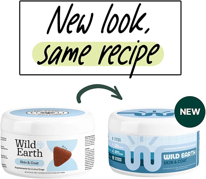 Wild Earth Dog Supplements, Soft Chews for Skin & Coat, Rich in Antioxidants, Omega 3 & 6 Fatty Acids, Allergy & Itch Relief, Supports Normal Shedding, Veterinarian-Developed, Vegan