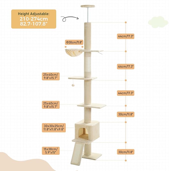 PEQULTI Cat Tree Floor to Ceiling, Tall Cat Tower, Adjustable Height (83''-108'') 5 Tiers Climbing Tree for Indoor Cats with Cat Condo, Scratching Post and Ladder, Beige