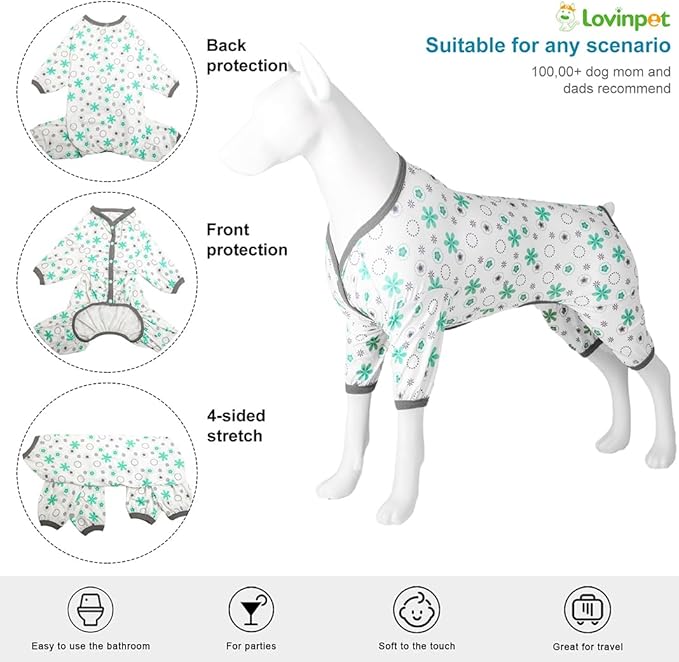 LovinPet Pitbull Onesie Shedding Suits for Dogs, Pet Anxiety Relief PJ's, Uv Protection Dog Tshirt,Comfy Stretchy Fabric,Mint Floral Print,Large Dog Pjs,Pullover Pitbull Clothes for All Seasons,2XL