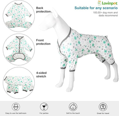 LovinPet Pitbull Onesie Shedding Suits for Dogs, Pet Anxiety Relief PJ's, Uv Protection Dog Tshirt,Comfy Stretchy Fabric,Mint Floral Print,Large Dog Pjs,Pullover Pitbull Clothes for All Seasons,2XL