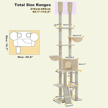PAWZ Road Tall Cat Tree, Floor to Ceiling Cat Tower with Adjustable Height(85-112 Inches), 7 Tiers Climbing Tower with Cozy Hammocks, 5 Platforms and Scratching Posts for Indoor Cats-Beige