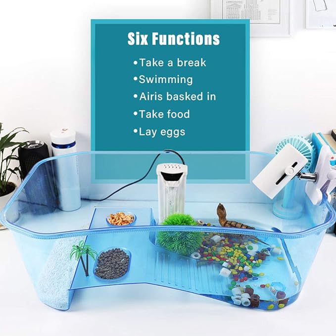 PINVNBY Plastic Turtle Tank Reptile Habitat Pet Terrariums Turtles Tank Aquarium Terrapin Topper Basking with Platform Plants,Durable,Safe, Non-Toxic(Blue)