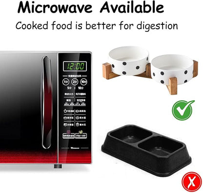 Petygooing Ceramic Dog Bowl Set with Stand,Cat Pet Food and Water Dishes,Small Dog Bowls Anti -Slip Set of 2 Cat Bowls Pet Food Dish Small Size Pet (13.5OZ/5.1 in) Black Dot