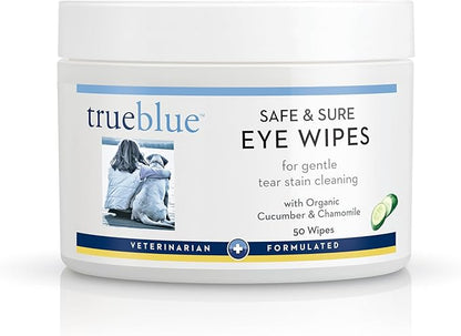 TrueBlue Cucumber & Chamomile Safe and Sure Dog Eye Wipes – Pre-Moistened Textured Pads for Tear Stain Eye Cleaning – Cleansing Eye Wipe for Dogs, Puppies – Non-Toxic, All-Natural – 50 Count