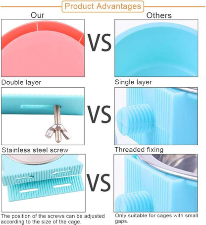 kathson Crate Dog Bowl, Removable Stainless Steel Hanging Pet Cage Bowl Food & Water Feeder Coop Cup for Cat, Puppy, Birds, Rats, Guinea Pigs (2pcs, Pink and Blue)