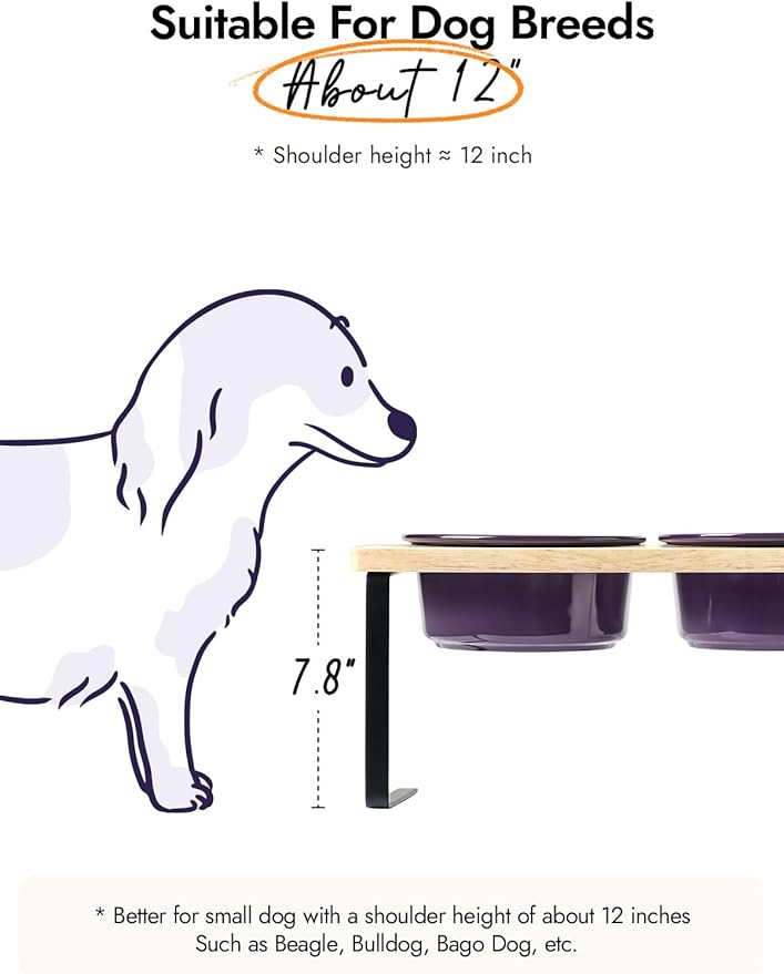 Elevated Dog Bowls, Raised Dog Bowl Stand with Two 6.5 inch Ceramic Bowl, Non-Slip Puppy Food and Water Bowls, Dogs Feeder for Small and Medium Breed,Purple