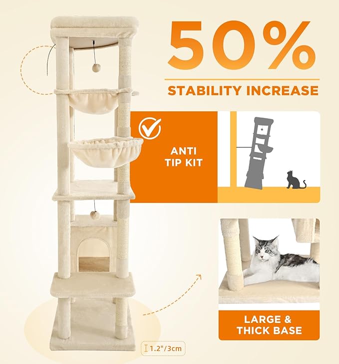 Made4Pets Tall Cat Tree, 71 Inches Cat Tree Tower for Indoor Cats Large Adult, Plush Multi-Level Cat Tower with 5 Scratching Posts, 2 Hammock, Condo and Perch, Big Cat House Indoor, Beige