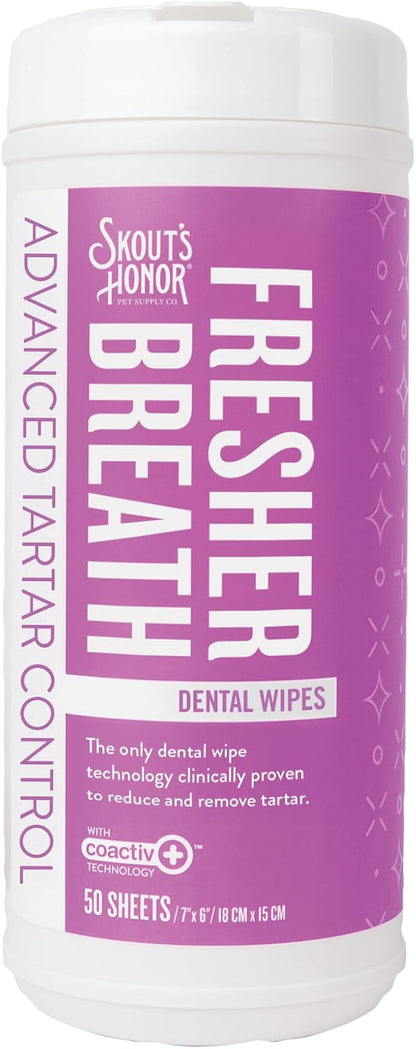 SKOUT'S HONOR Fresher Breath Dental Wipes- Pet Dental Wipes - Fights Plaque and Tartar, Freshens Breath Fast, No Brushing Required, 50 Sheets