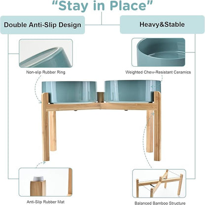 SPUNKYJUNKY Elevated Dog Bowls Ceramic, 8.3'' Dogs Food Water Bowls Raised with Non-Slip Bamboo Stand for Large Sized Breed Microwave Dishwasher Safe - 60 OZ,Dark Green