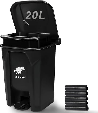 Dog Poop Trash Can Outside, 20L/5Gallon Pedal and Removable Inner Waste Bin, Outdoor Dog Poop Trash Can with 100 Bags, Pet Waste Container for Garden, Black