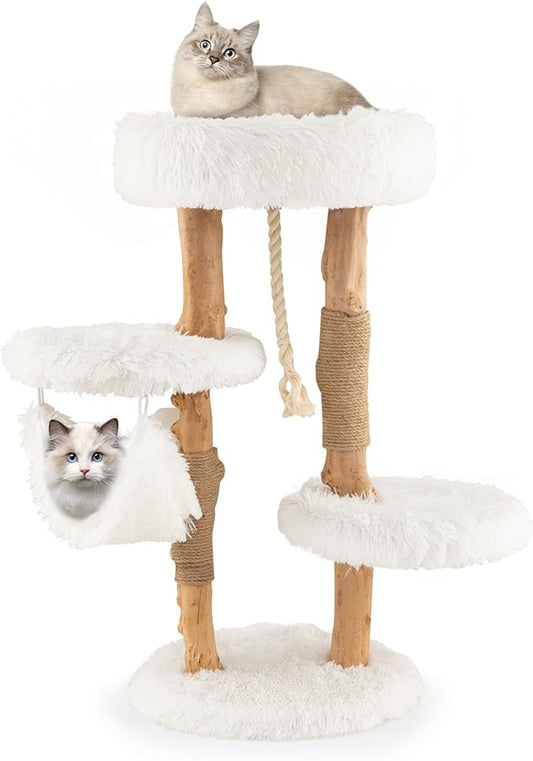 Tangkula Cat Tree Tower, Solid Wood Modern Cat Tower with Cozy Top Perch, 2 Platforms & 1 Hammock, Natural Branch Cute Cat Tree with Scratching Posts & Sisal Rope for Indoor Cats