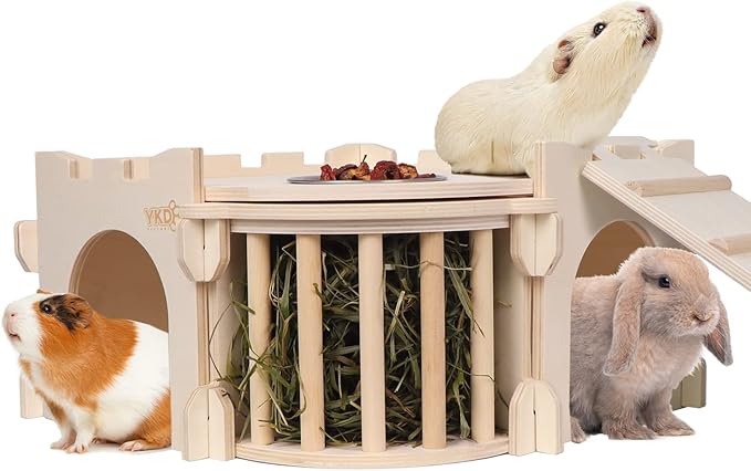 Large Guinea Pig Castle, Natural Wood Rabbit House with Ladder and Hay Feeder, Small Animal Hideout for Rabbit Guinea Pig Hedgehog Chinchilla