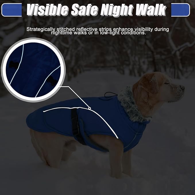 DENTRUN Large Dog Coat - Thick Fleece Lined Reflective Winter Jacket, Snap Closure & Leash Hole, Warm Thick Fleece Lined, Plush Turtleneck Vest for German Shepherd, Blue, XXL