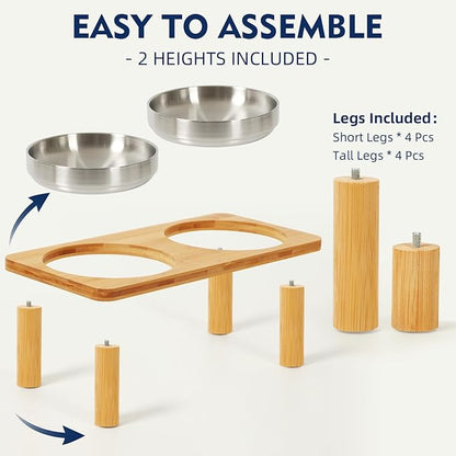 Elevated Cat Bowls for Indoor Cats – Raised Bamboo Cat Food Table with 2 Stainless Steel Dishes, Adjustable Height (4.25"/3.07"), Whisker Friendly Feeding Station