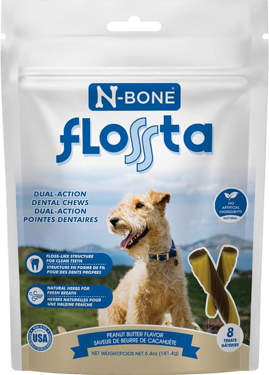 N-Bone Flossta Dual Action Dental Chews for Dogs, Unique Twist Shape for Deep Teeth Cleaning and Proactive Dental Care, Peanut Butter Flavor, 8 Count 6.4-oz Bag