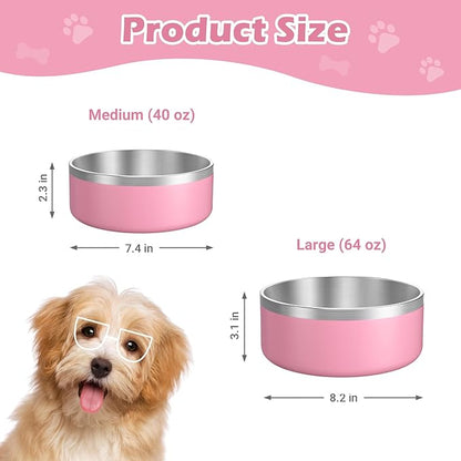 LIANLAI Dog Bowls Large Sized, Rust-Resistant Stainless Steel Dog Bowls, Non Slip Puppy Dishes, Dishwasher Safe (Pink，64 oz)