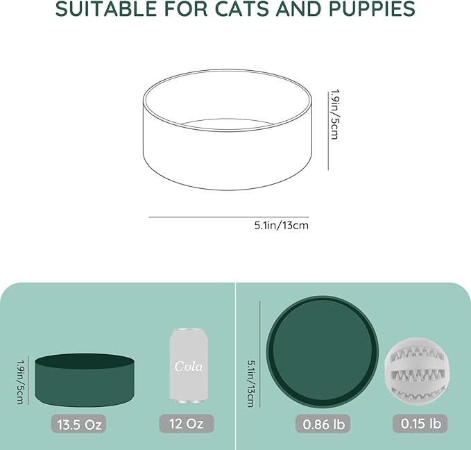 SPUNKYJUNKY 13.5OZ Ceramic Dog and Cat Bowl, Modern Cute Weighted Food Water Bowl for Replacement Green (2 Pack)