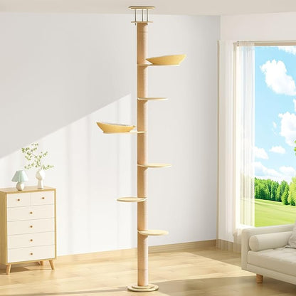 Tinnmao Solid Wood Floor to Ceiling Cat Tree, 7 Level Adjustable Height (8.8-10.2 ft) Tall, Modern Climbing Tower for Indoor Cats Large Adult with Thickened Wooden Sisal Scratching Posts & Cozy Bed