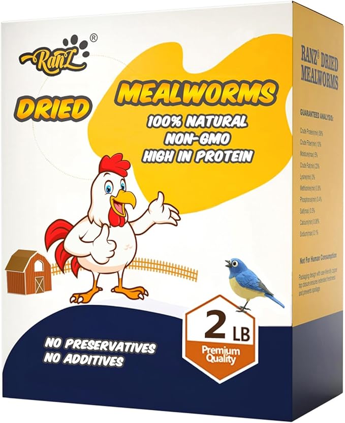 RANZ 2LBS Non-GMO Dried Mealworms for Chickens, High Protein Meal Worms, Premium Chicken Feed, Whole Large Mealworms for Blue Birds, Ducks, Fish