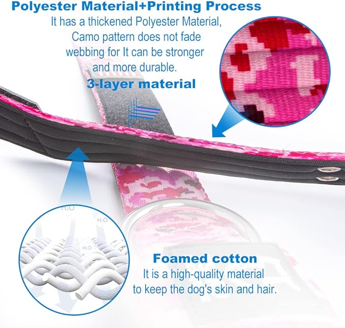 TSPRO Tactical Dog Collar, Adjustable, with Patch & Double Needle Metal Buckle, Heavy Duty for Medium to Large Dogs, Durable for Walking, Running, Hiking & Training (Camo Blue M+)