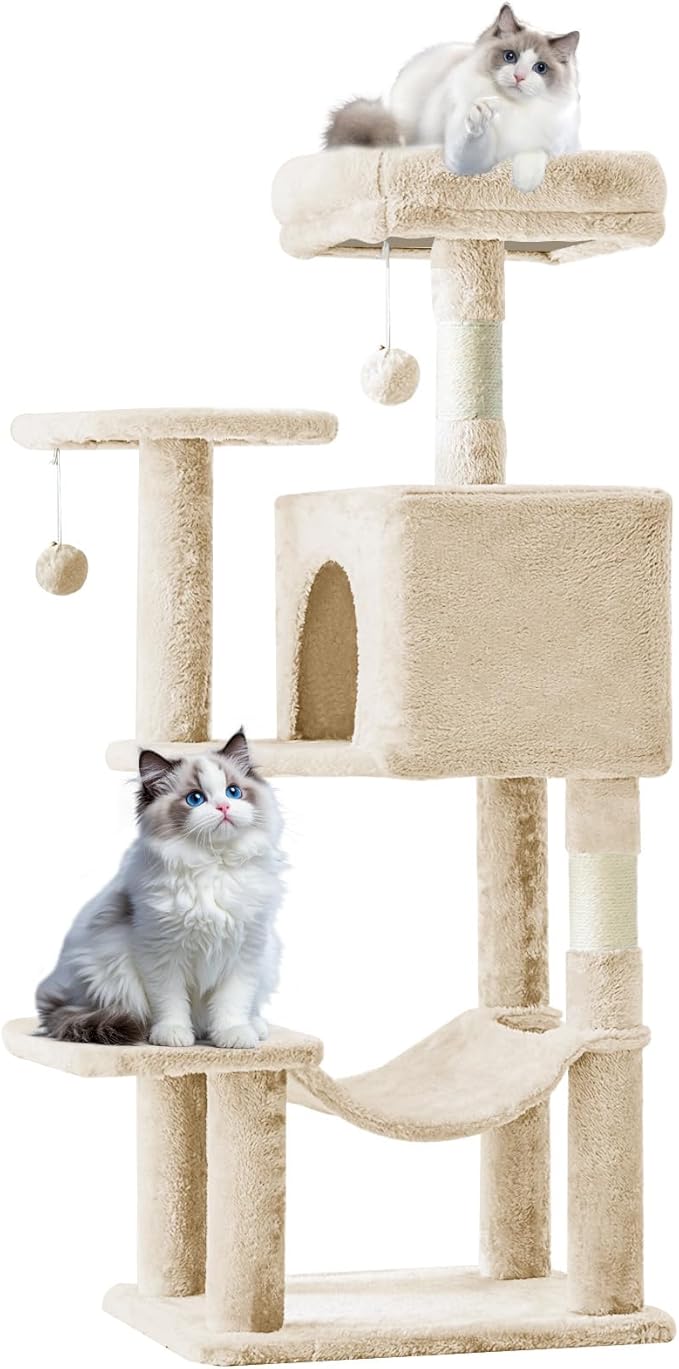 Sweetcrispy 44 inch Cat Tree Tower, Multi-Cat Climbing Tower with Condo, Natural Sisal Scratching Posts, Extended Platform, Hammock, Pet House for Indoor Cats and Kittens Play, Beige